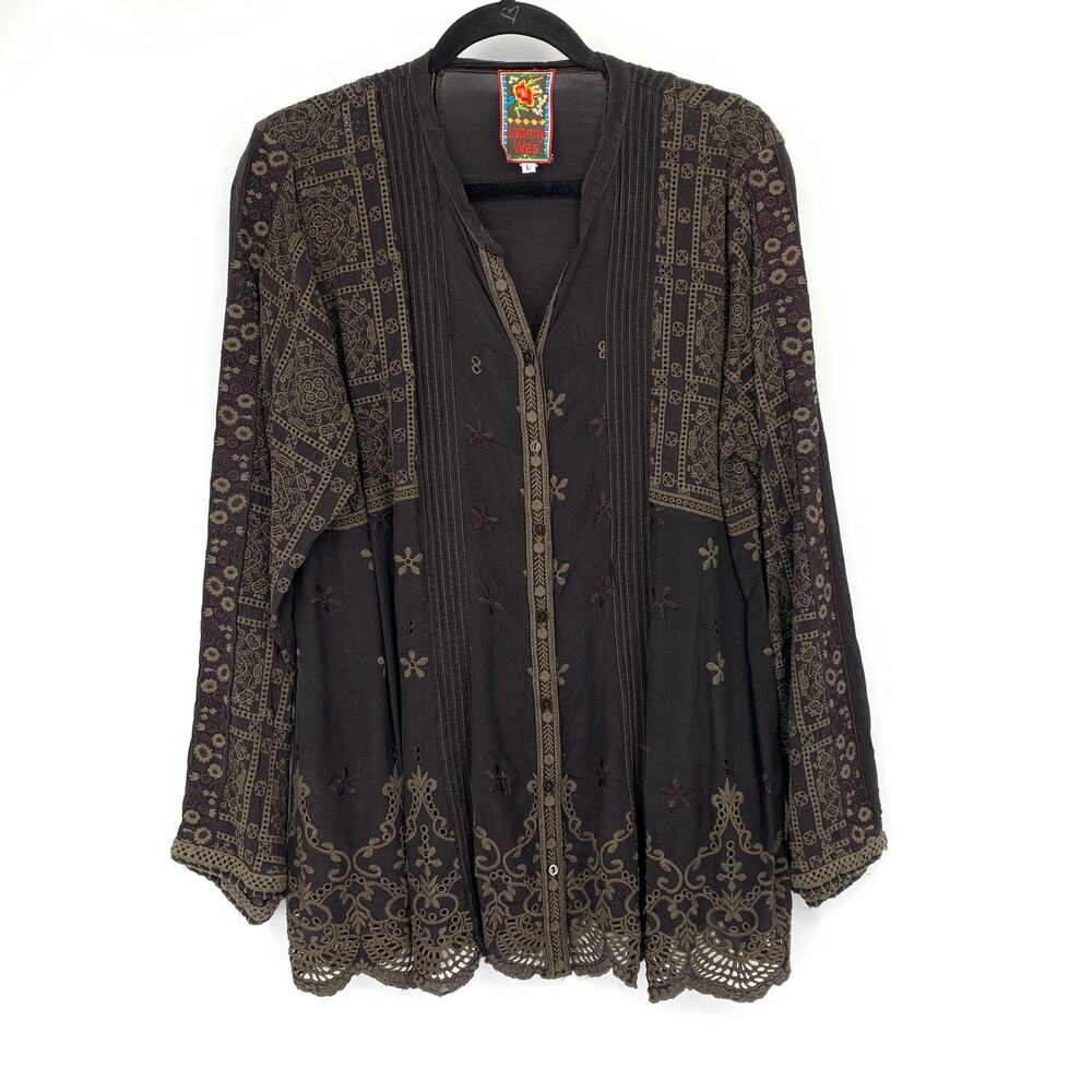 Johnny Was Button Front Embroidered Tunic Blouse Womens Size L Black Gray Brown